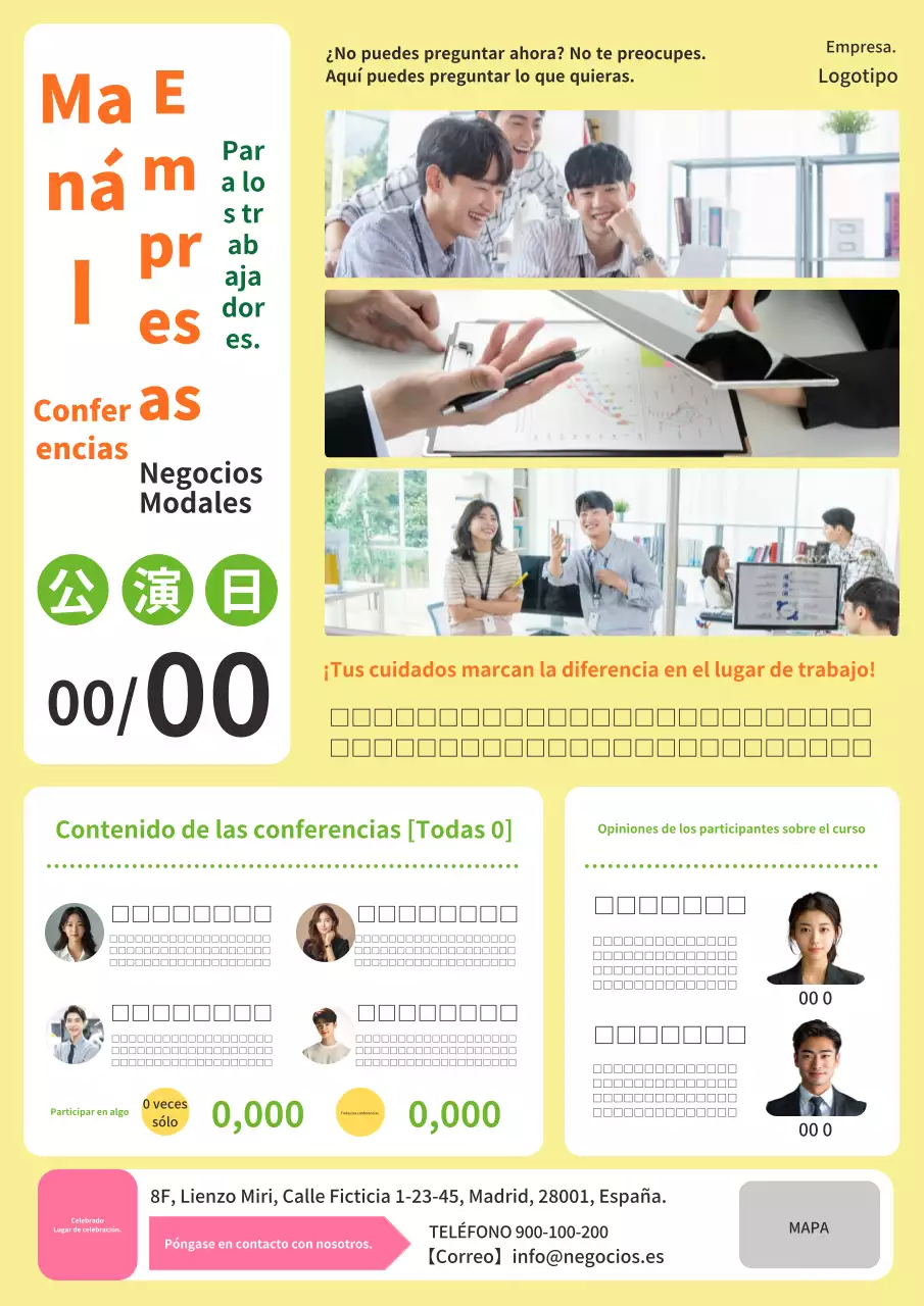 Un anuncio moderno y sencillo en amarillo y naranja para un curso de etiqueta empresarial.