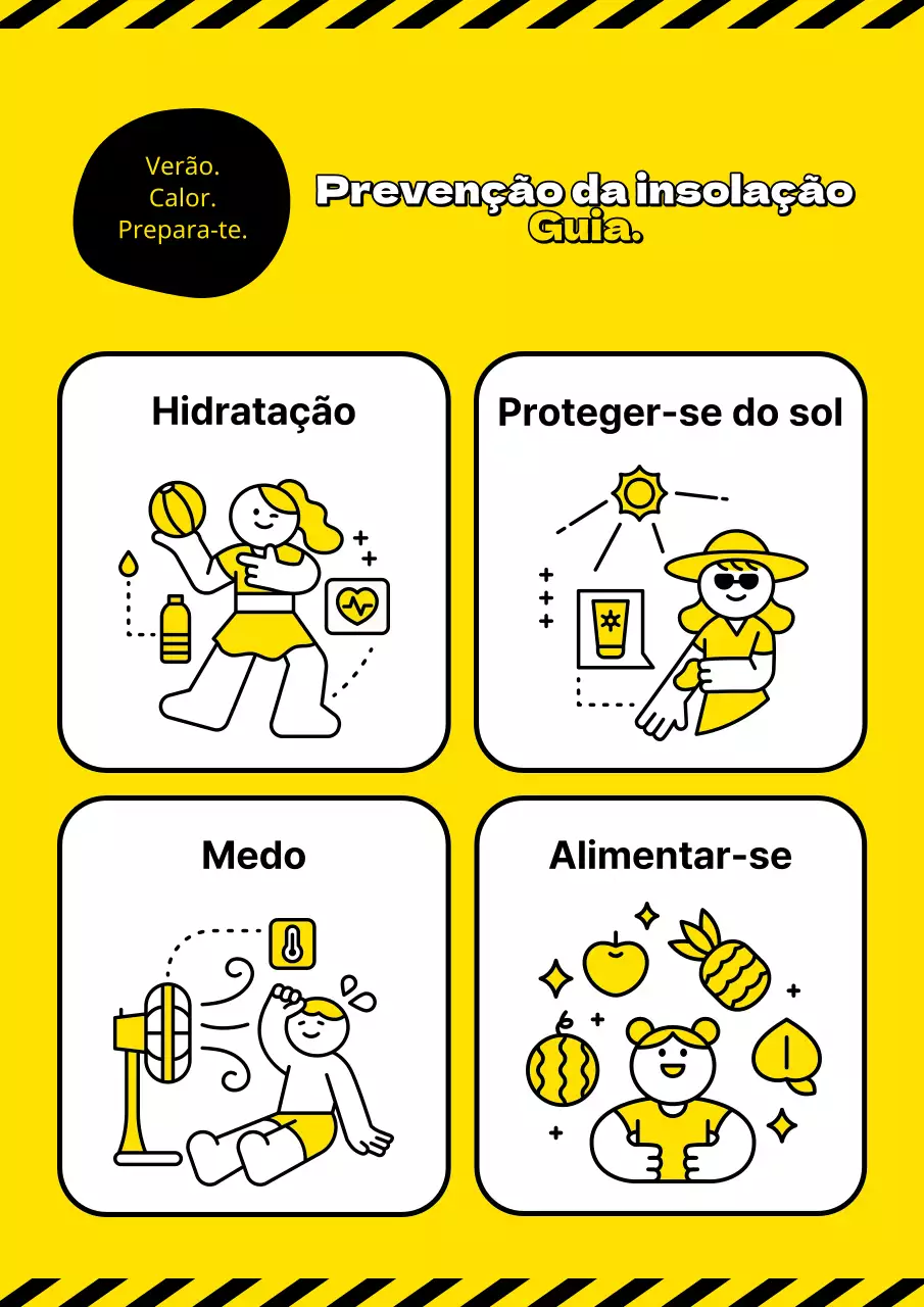 Informações simples sobre a prevenção da insolação em amarelo e preto