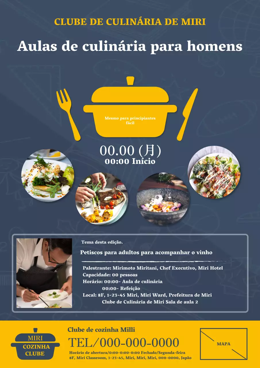 Anúncio de aula de culinária para homem moderno e simples em azul-marinho e amarelo