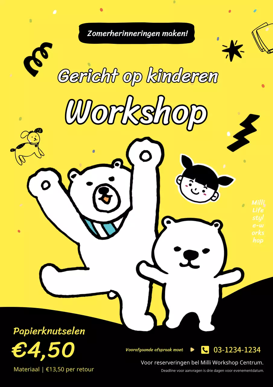 Promoot een schattige kinderworkshop voor de zomervakantie in geel, zwart en wit
