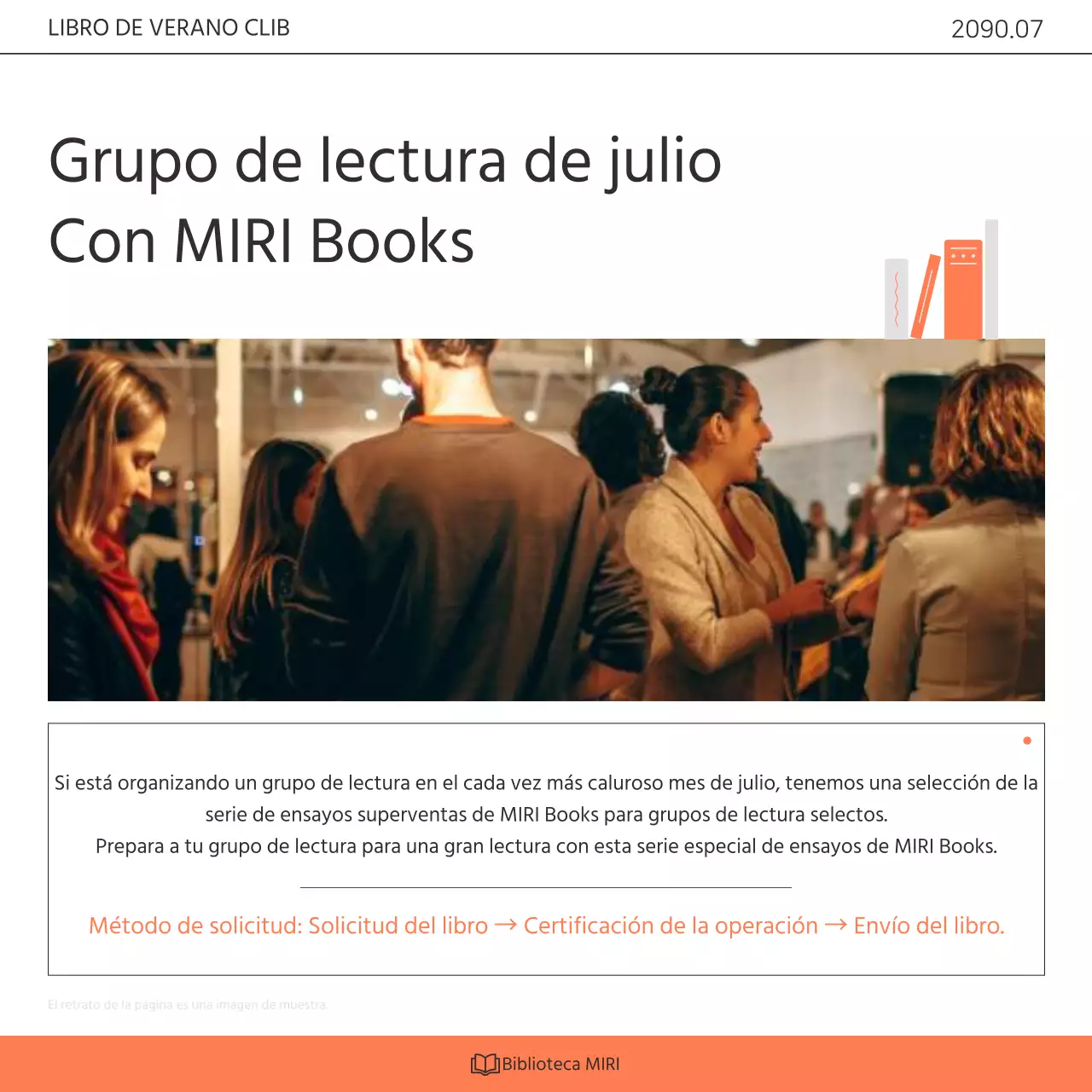 Promover un programa de divulgación del club de lectura de la biblioteca en naranja y blanco kitsch.