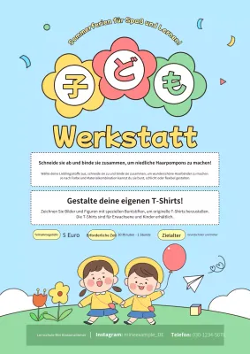 Anzeige für eine hübsche gelbe und grüne Sommerferien-Kinderwerkstatt