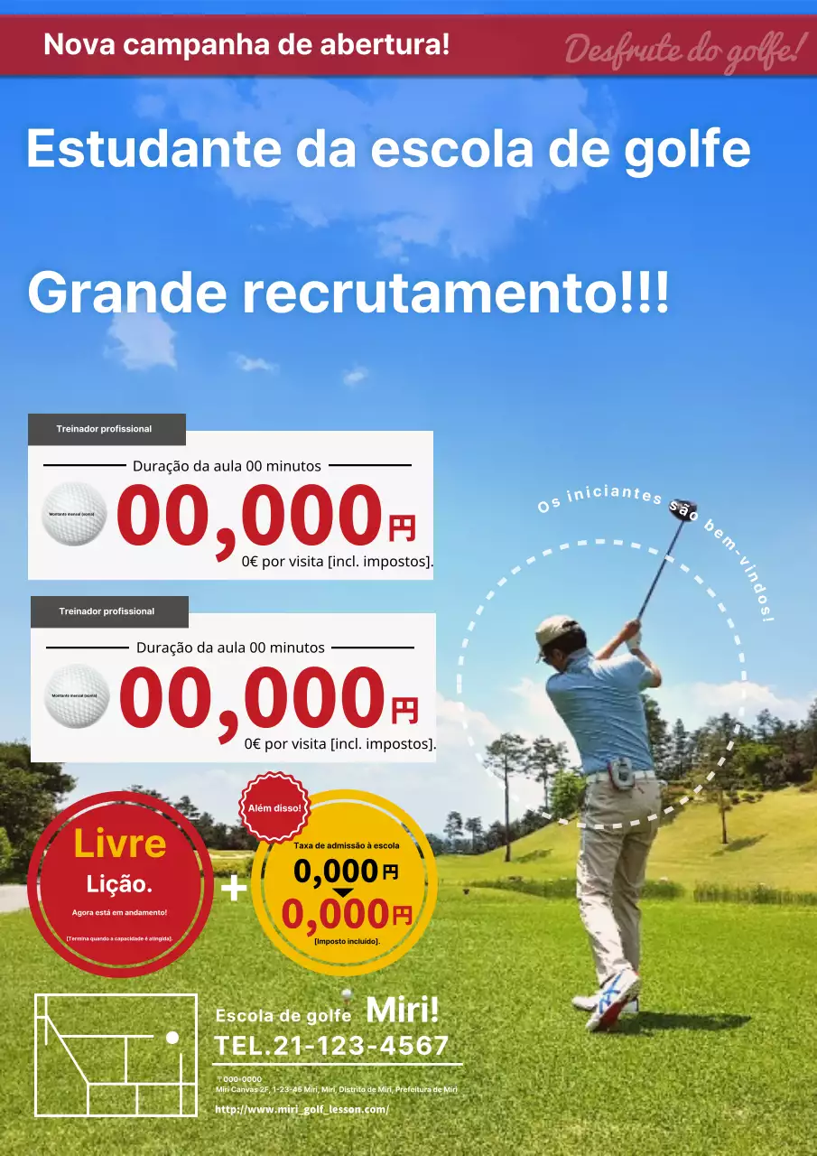 O anúncio de recrutamento de uma escola de golfe dá ênfase aos elementos básicos azuis e vermelhos