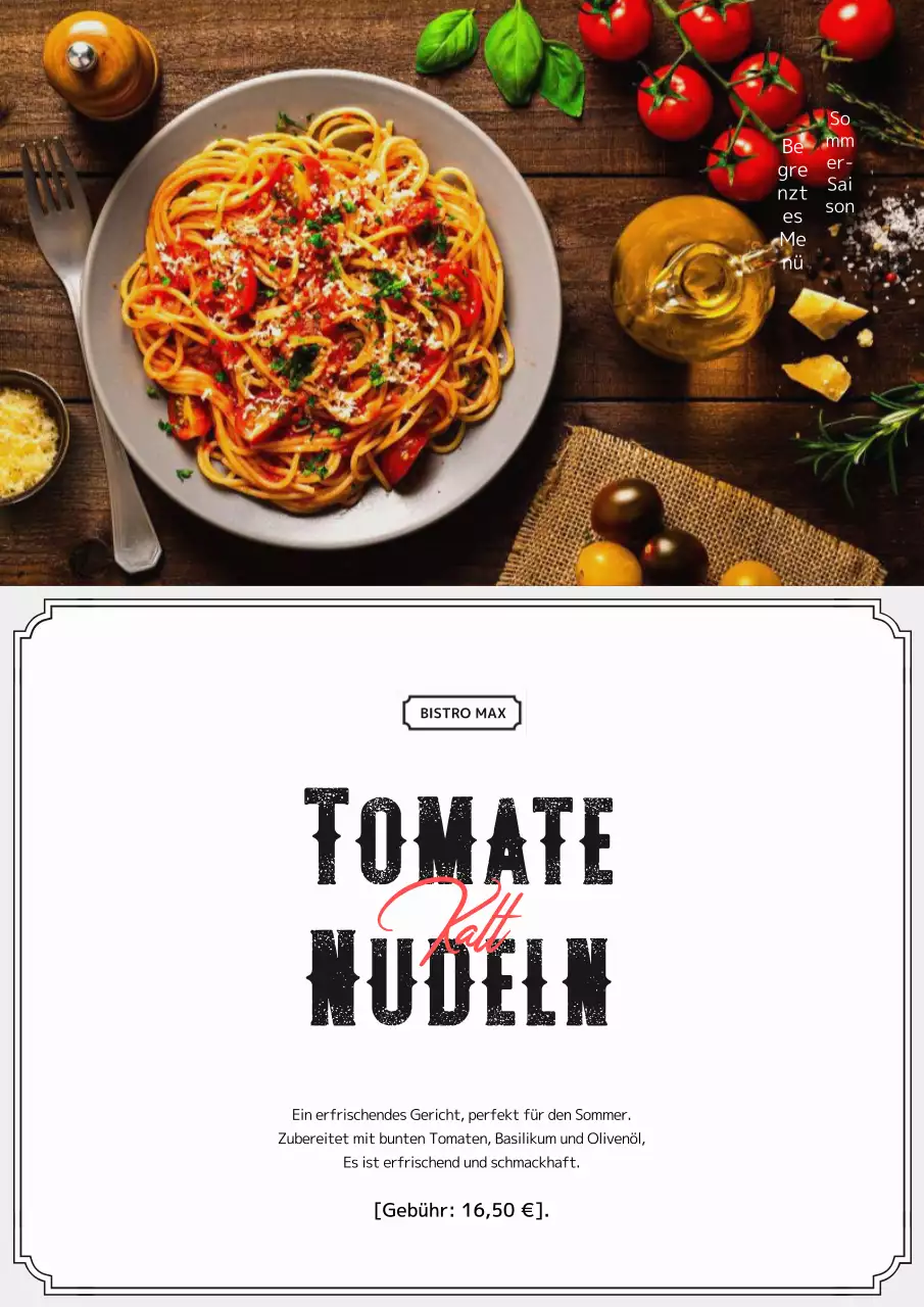 Werbung für ein modernes Sommermenü in Schwarz und Weiß