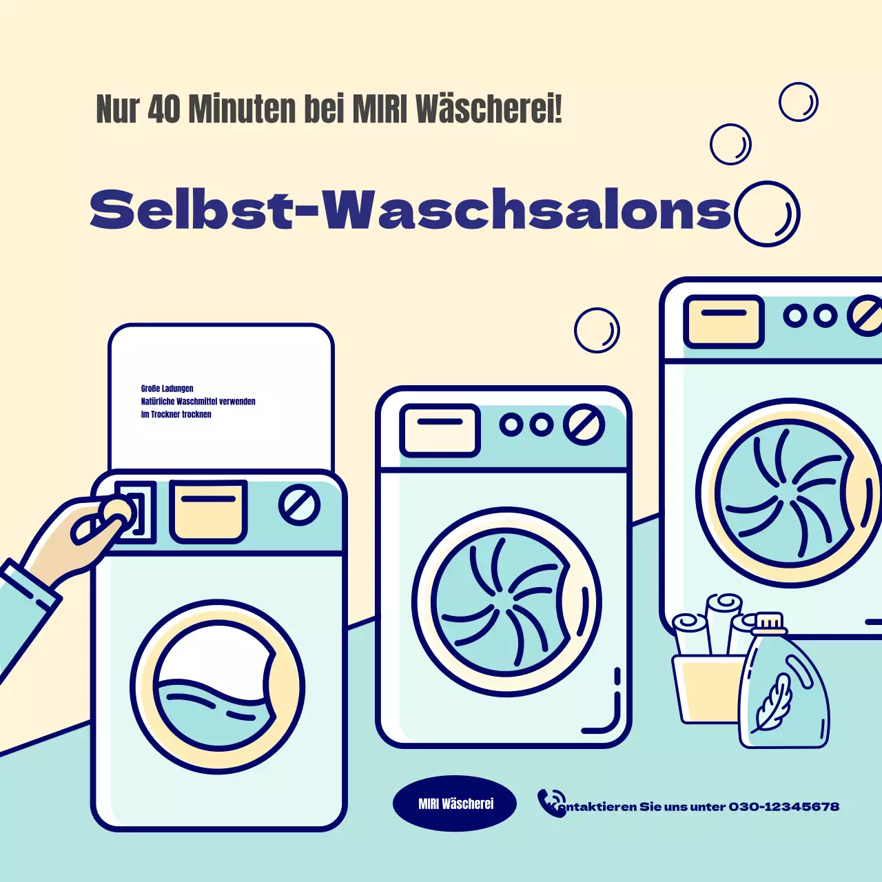 Werbung für einen hübschen Selbstbedienungs-Waschsalon in Gelb und Mint