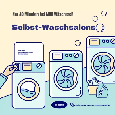Werbung für einen hübschen Selbstbedienungs-Waschsalon in Gelb und Mint