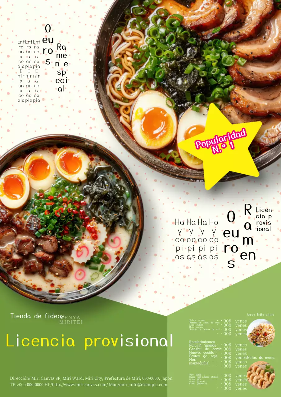 Un anuncio del popular menú de una bonita tienda de fideos beige y verde.