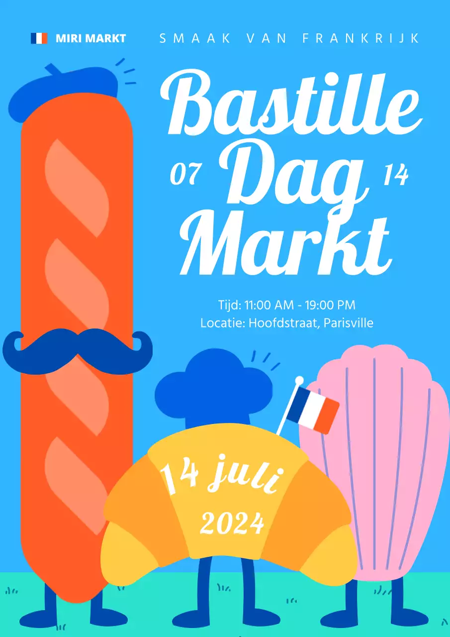 Promoot een kitscherig marktevenement op Revolutionaire Dag in blauw en rood