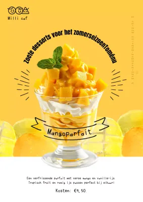 Mooi oranje café, zomer, mangodessert, public relations