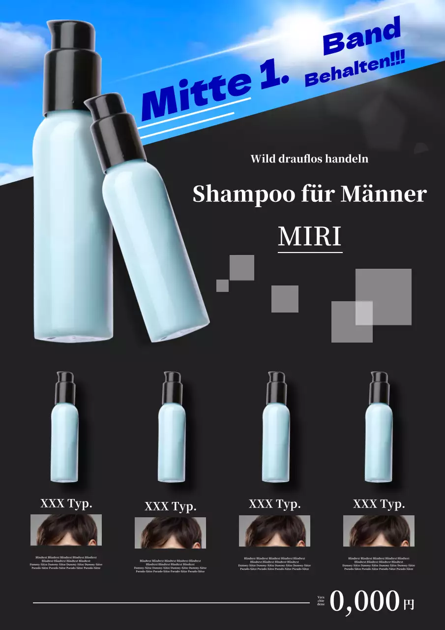 Werbung für blaues und schwarzes Shampoo für Männer