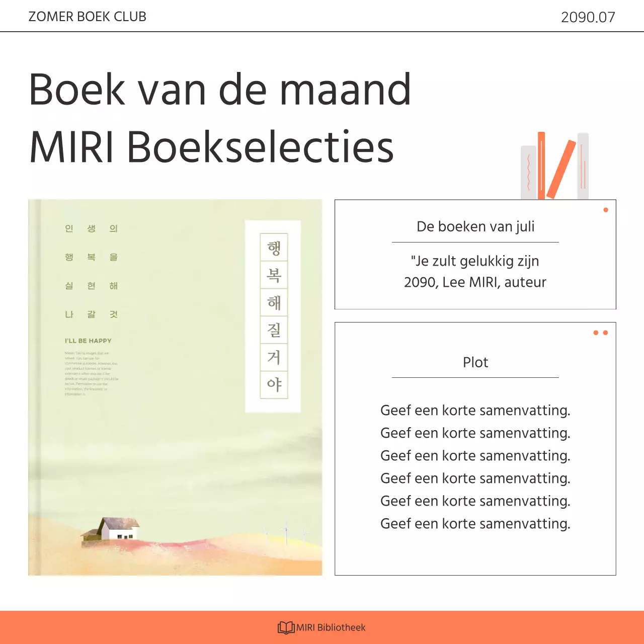 Een kitscherig oranje en wit boekenclubprogramma voor de bibliotheek promoten