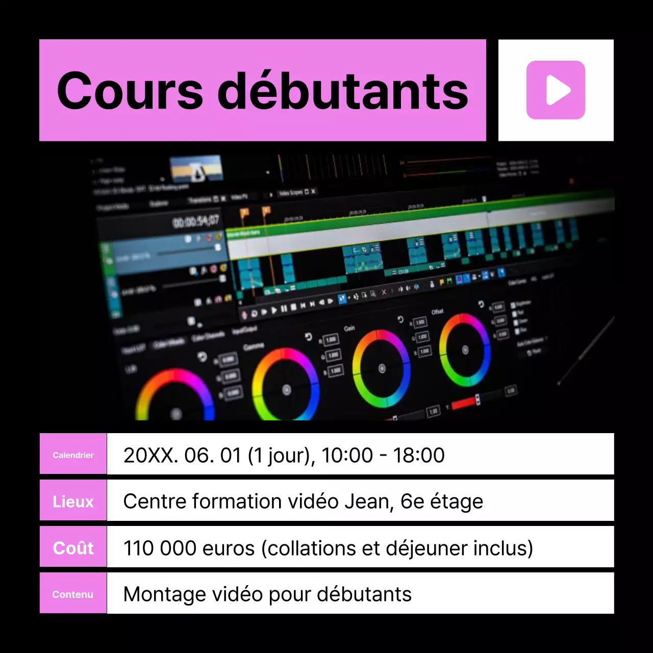 Faites la promotion de votre cours de montage vidéo en rose et bleu
