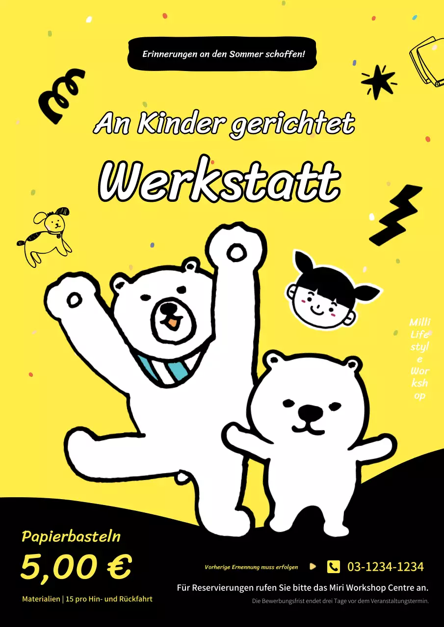 Werbung für einen bezaubernden Sommerferien-Kinderworkshop in Gelb, Schwarz und Weiß