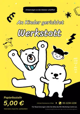 Werbung für einen bezaubernden Sommerferien-Kinderworkshop in Gelb, Schwarz und Weiß