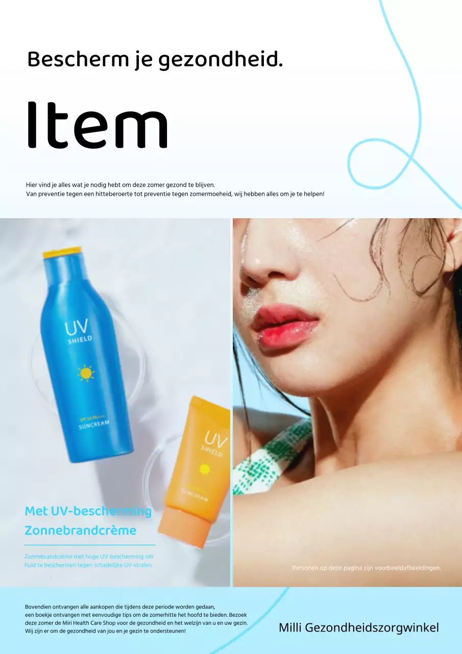 Eenvoudige zomer flyer voor productpromotie in lichtblauw en wit