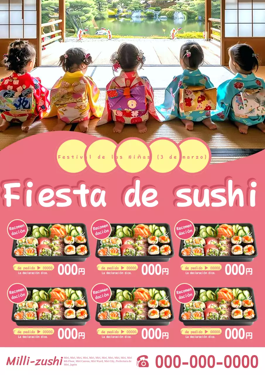 Anuncio de un bonito menú bento rosa de fiesta de sushi para Hinamatsuri.