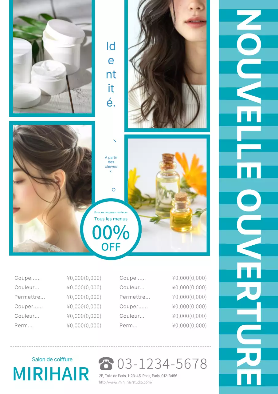 Publicité pour un salon de coiffure moderne et élégant en bleu et blanc