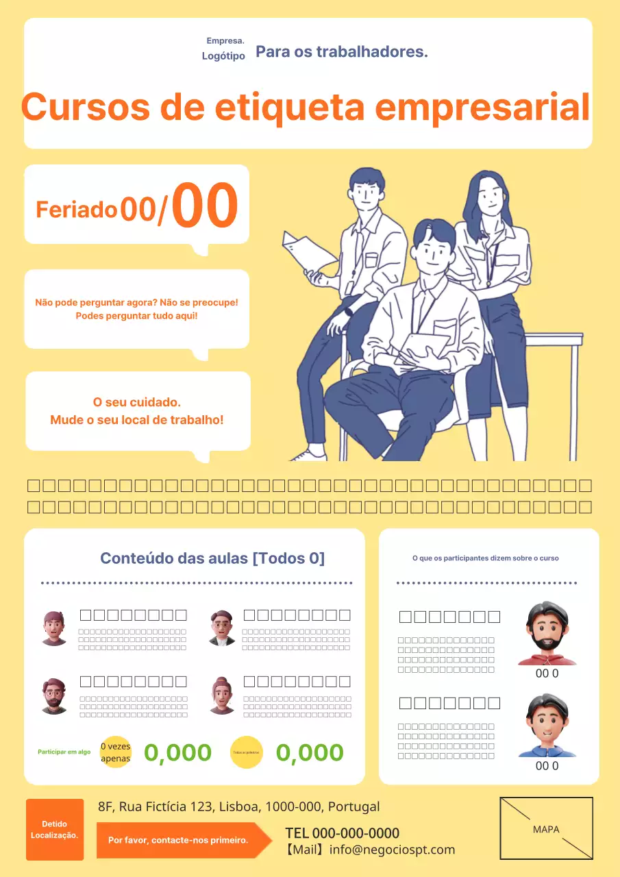 Um anúncio moderno e simples em amarelo e laranja para um curso de etiqueta empresarial.