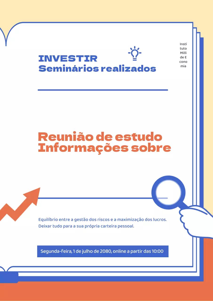 Folheto do seminário sobre a carteira de investimentos com destaques em azul e laranja