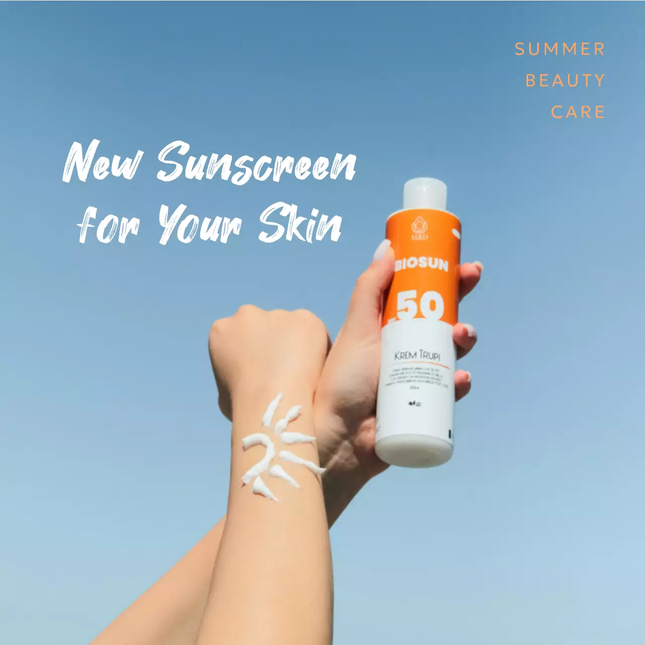 A minimalist summer sunscreen post in light blue and white