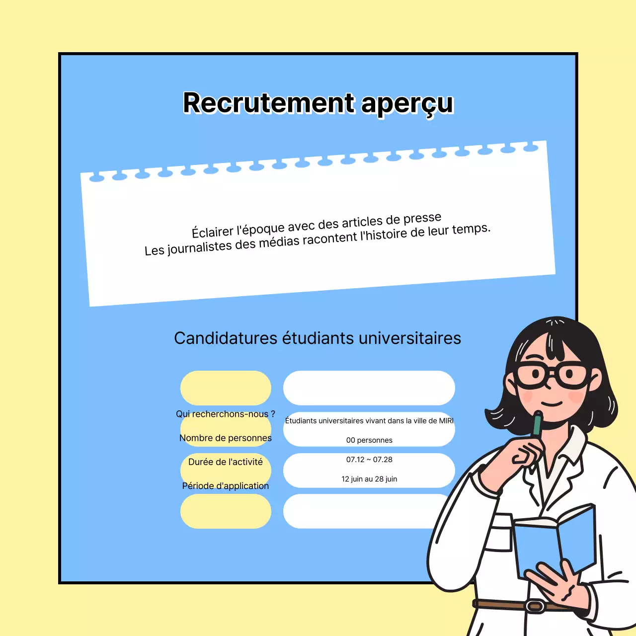 Promouvoir le recrutement d'une équipe de journalisme universitaire jaune et bleu clair