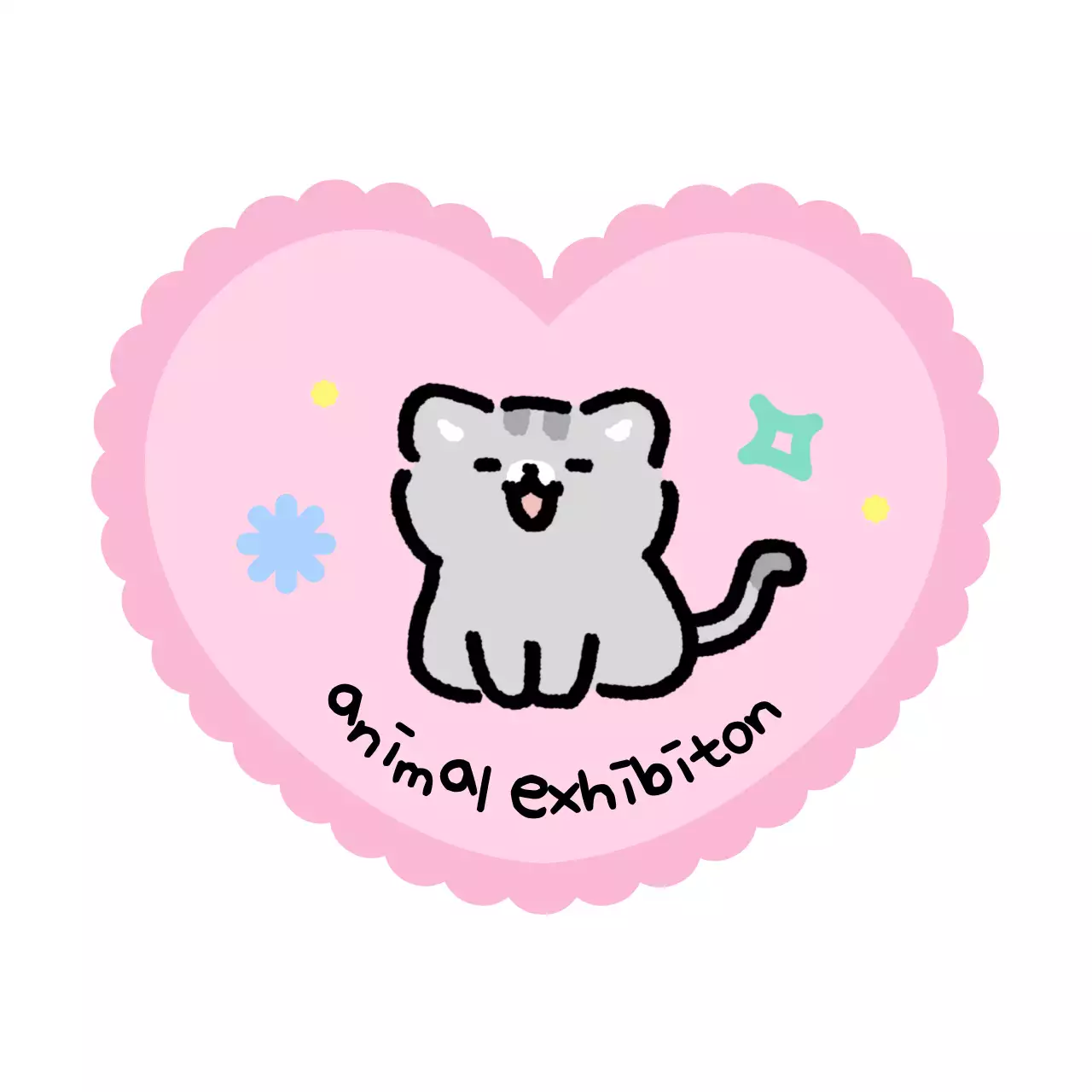 Cute trade show merchandise with a heart-shaped dog and cat and doodles.