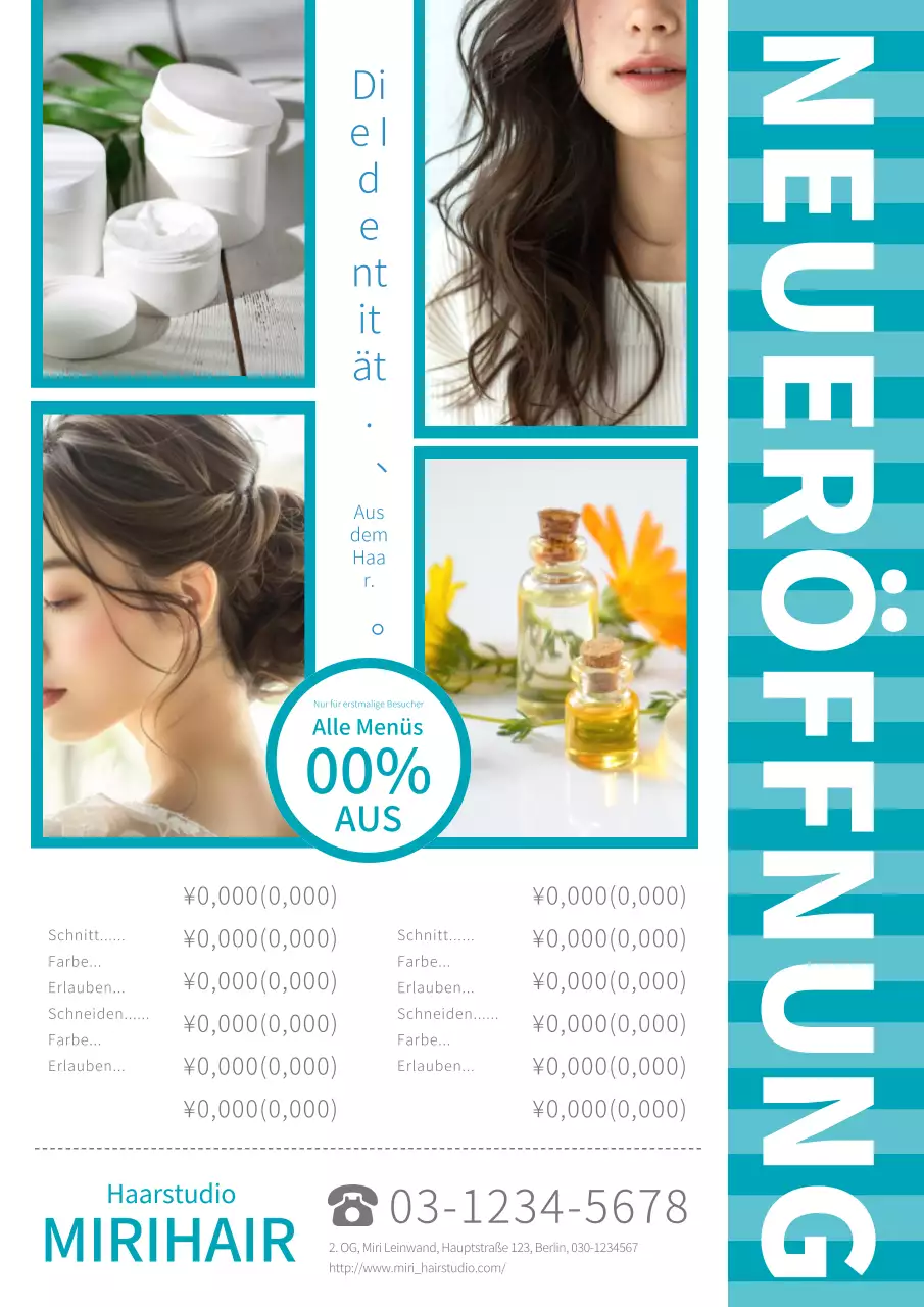 Moderne und stilvolle Werbung für einen Friseursalon in Blau und Weiß