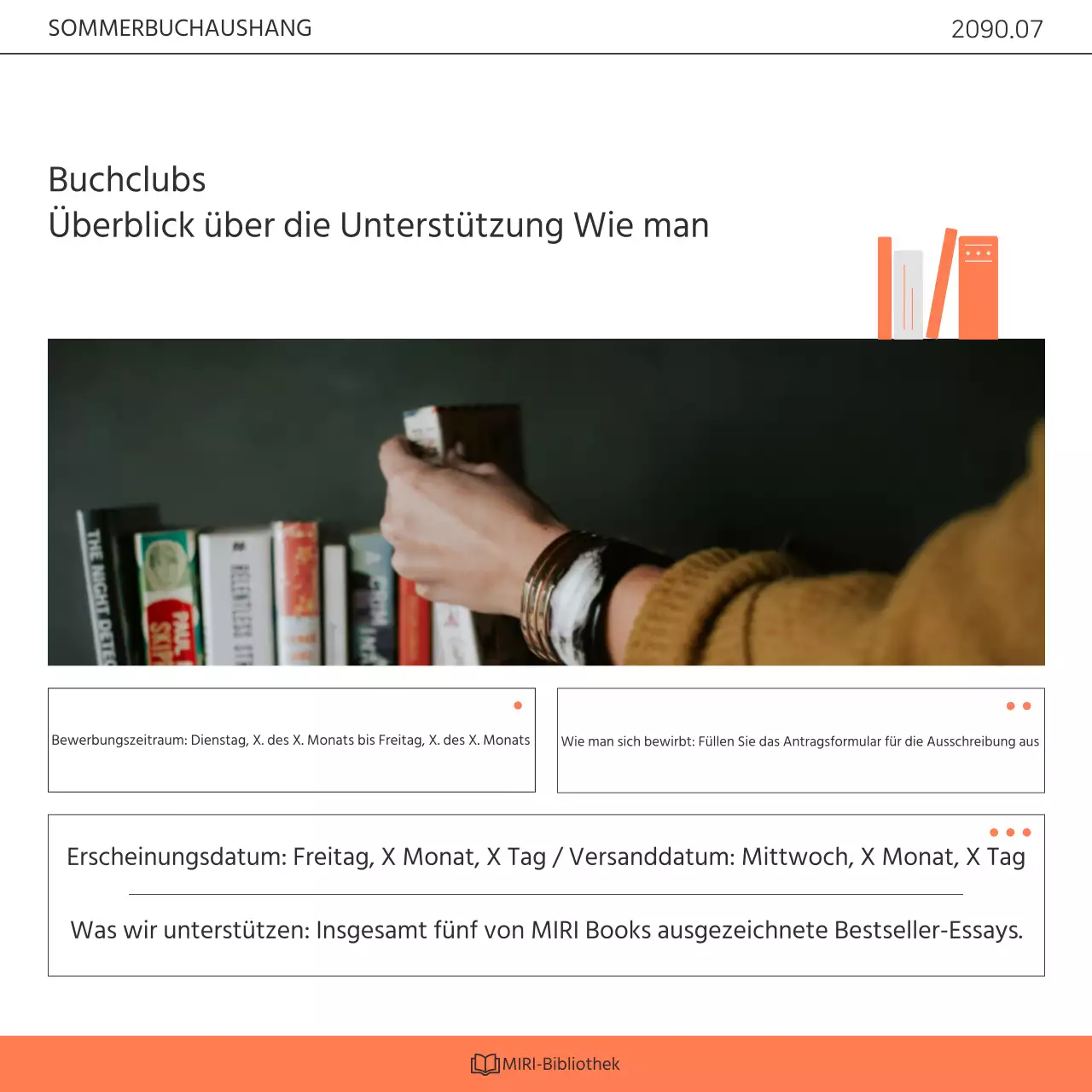 Förderung eines kitschigen orange-weißen Bibliotheksbuchklub-Programms