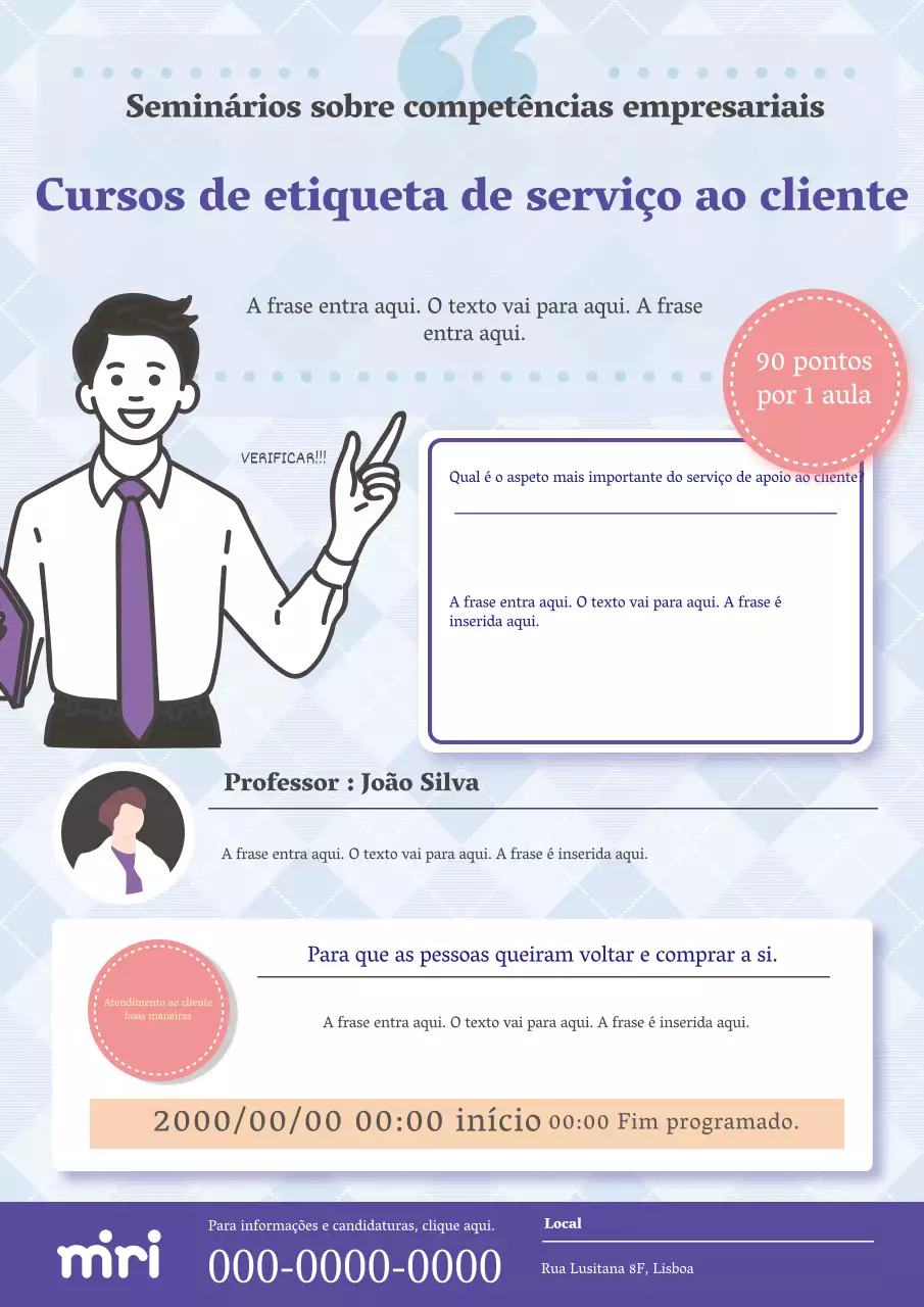 Anúncio moderno e simples do curso de etiqueta de serviço ao cliente em azul claro e azul.