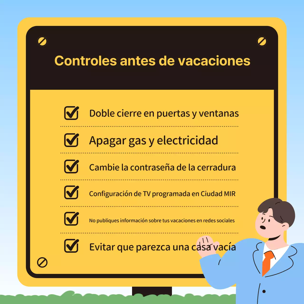 Consejos de seguridad para las vacaciones resaltados en marrón y amarillo