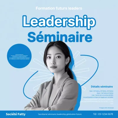 Annonces de séminaires de développement du leadership en bleu et blanc.