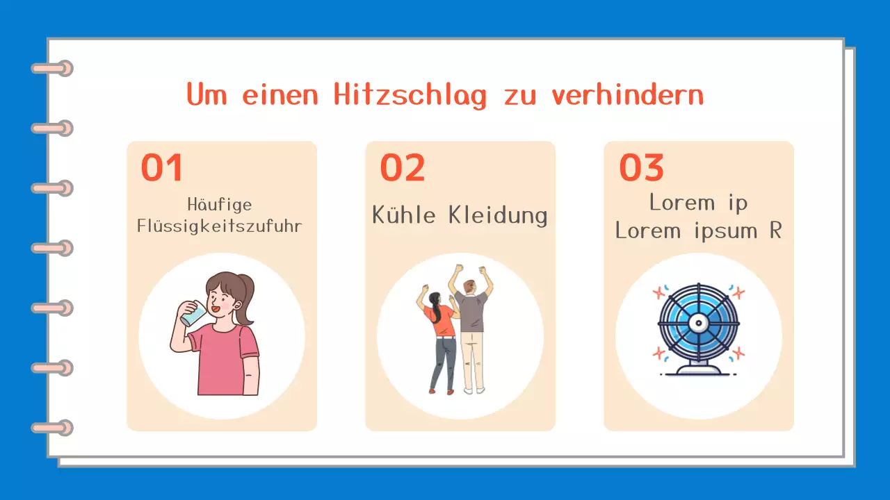 Ein einfacher blau-weißer Leitfaden über die Symptome und die Behandlung eines Hitzschlags.