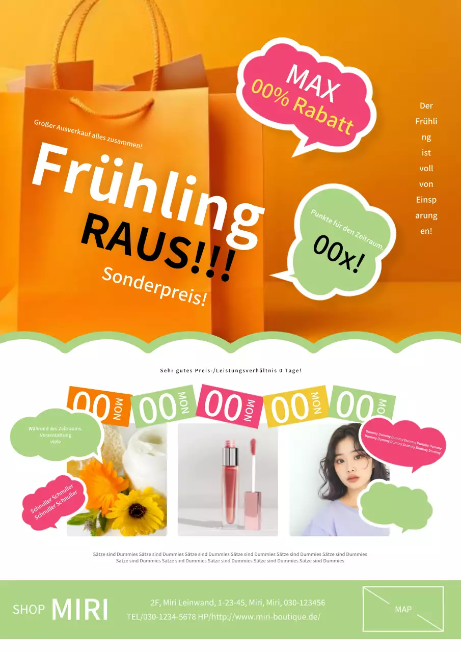 Frühjahrsausverkaufsanzeige in Orange und Grün