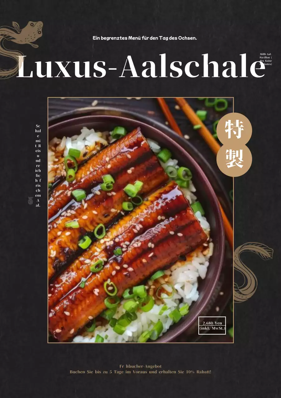 Werbung für ein wunderschönes schwarz-braunes Aalgericht, das nur im Sommer angeboten wird.