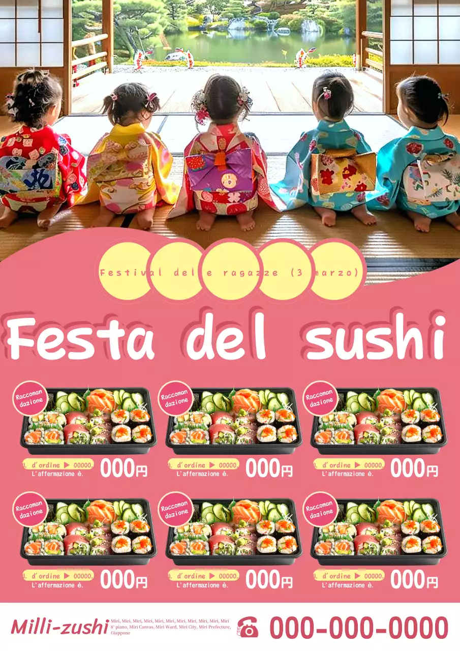 Annuncio per un simpatico menu bento per sushi party rosa per Hinamatsuri.