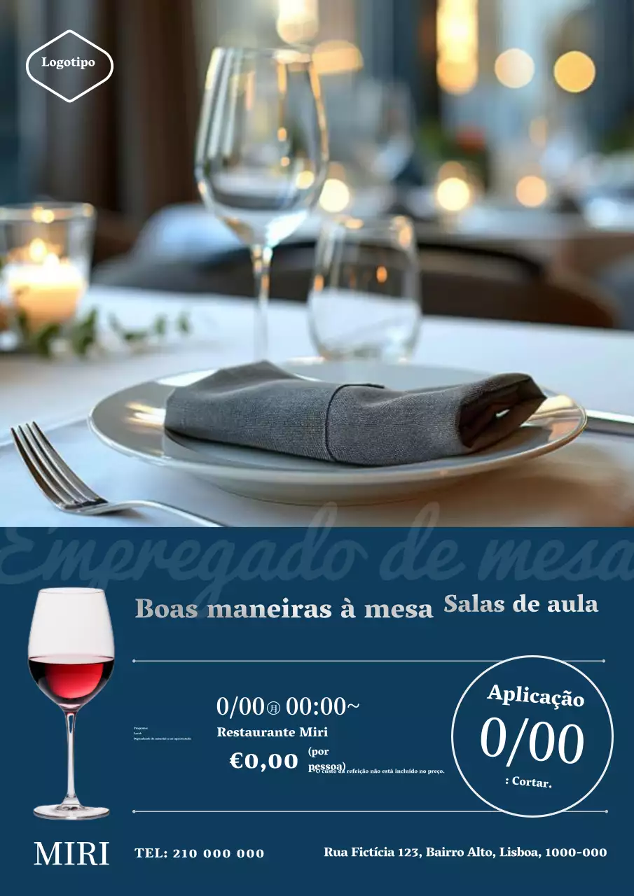 Anúncio de sala de aula de boas maneiras à mesa, elegante e clássico, em azul