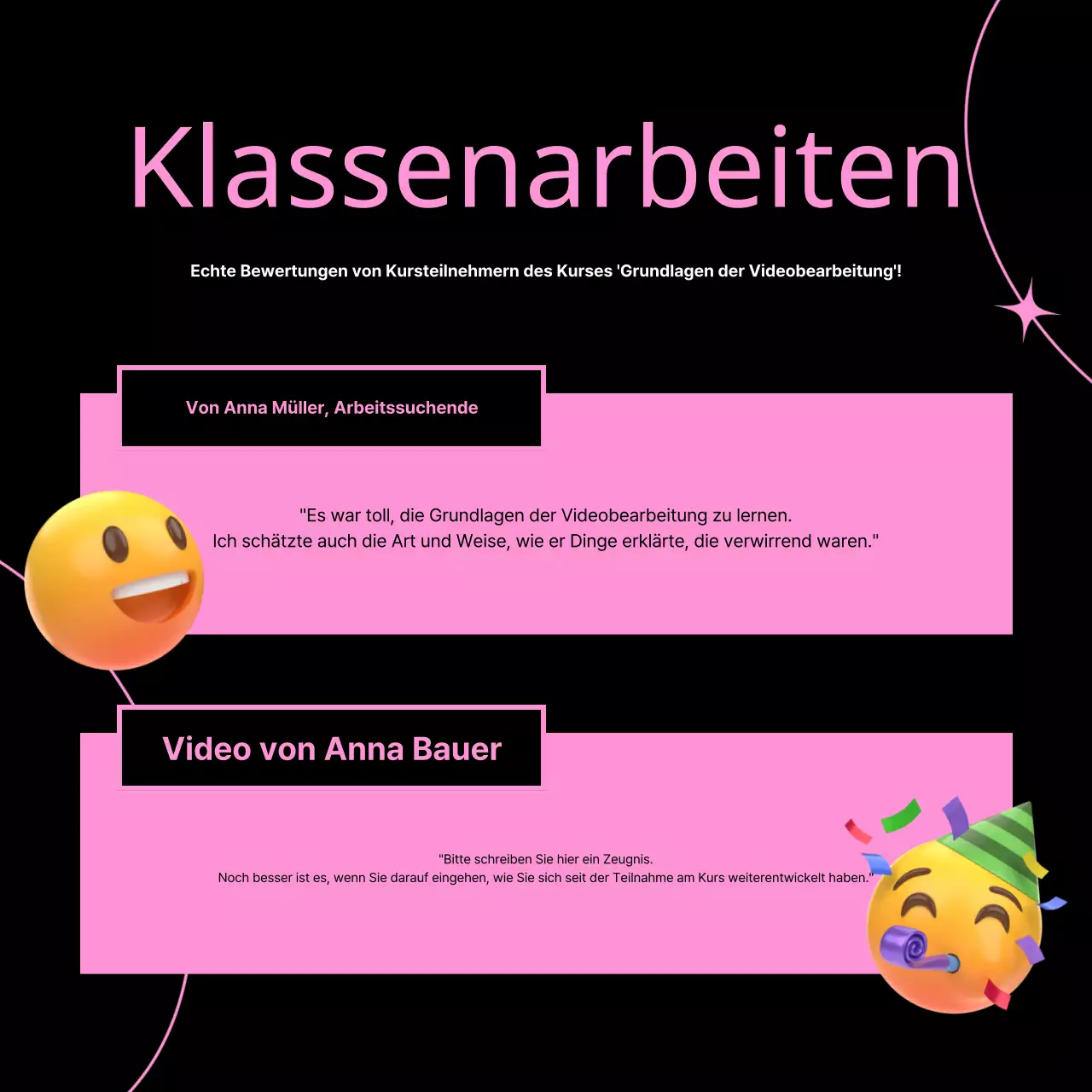 Werbung für einen kitschigen Videoschnittkurs in Pink und Schwarz