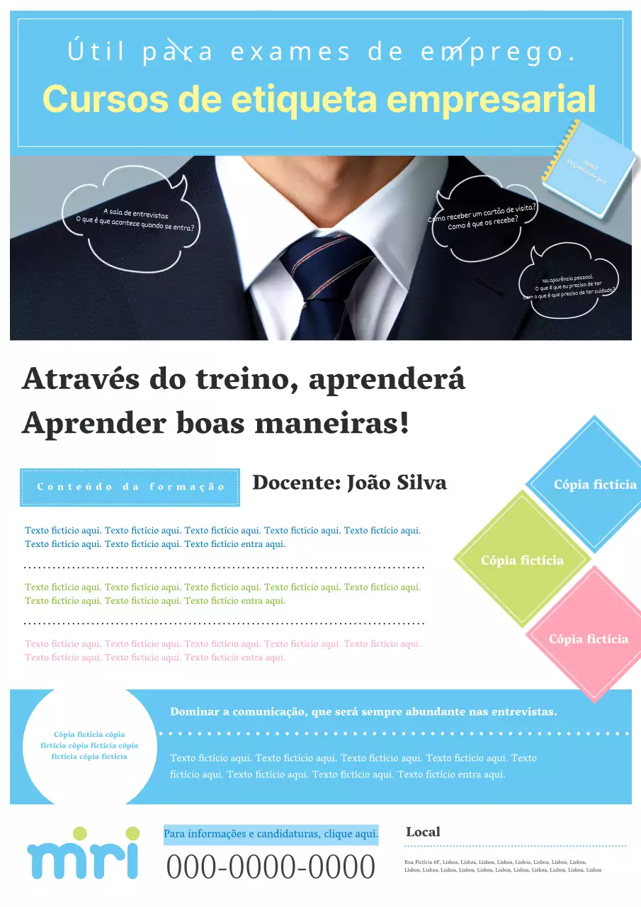 Anúncio de curso de etiqueta empresarial básico e moderno em azul claro