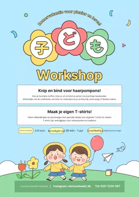 Advertentie voor een schattige geel met groene zomervakantie kinderworkshop