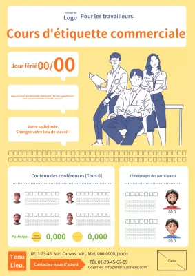 Une publicité moderne et simple en jaune et orange pour un cours d'étiquette professionnelle.