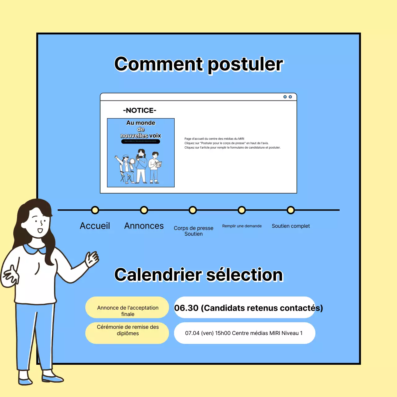 Promouvoir le recrutement d'une équipe de journalisme universitaire jaune et bleu clair