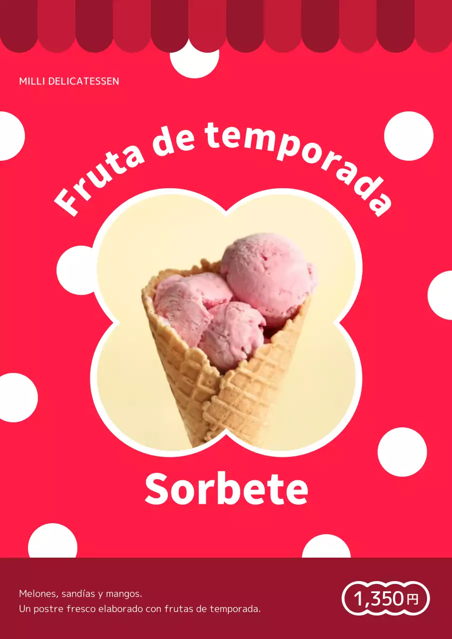 Publicidad de postres de temporada de verano kitsch en rojo y blanco