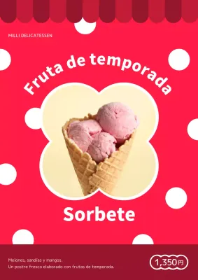 Publicidad de postres de temporada de verano kitsch en rojo y blanco
