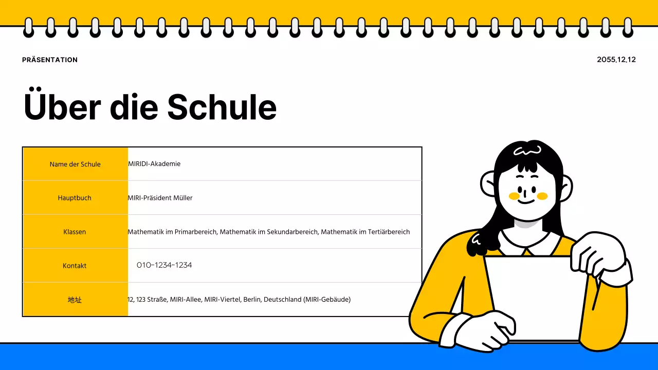 Werbung für eine einfache gelb-blaue Schulbroschüre