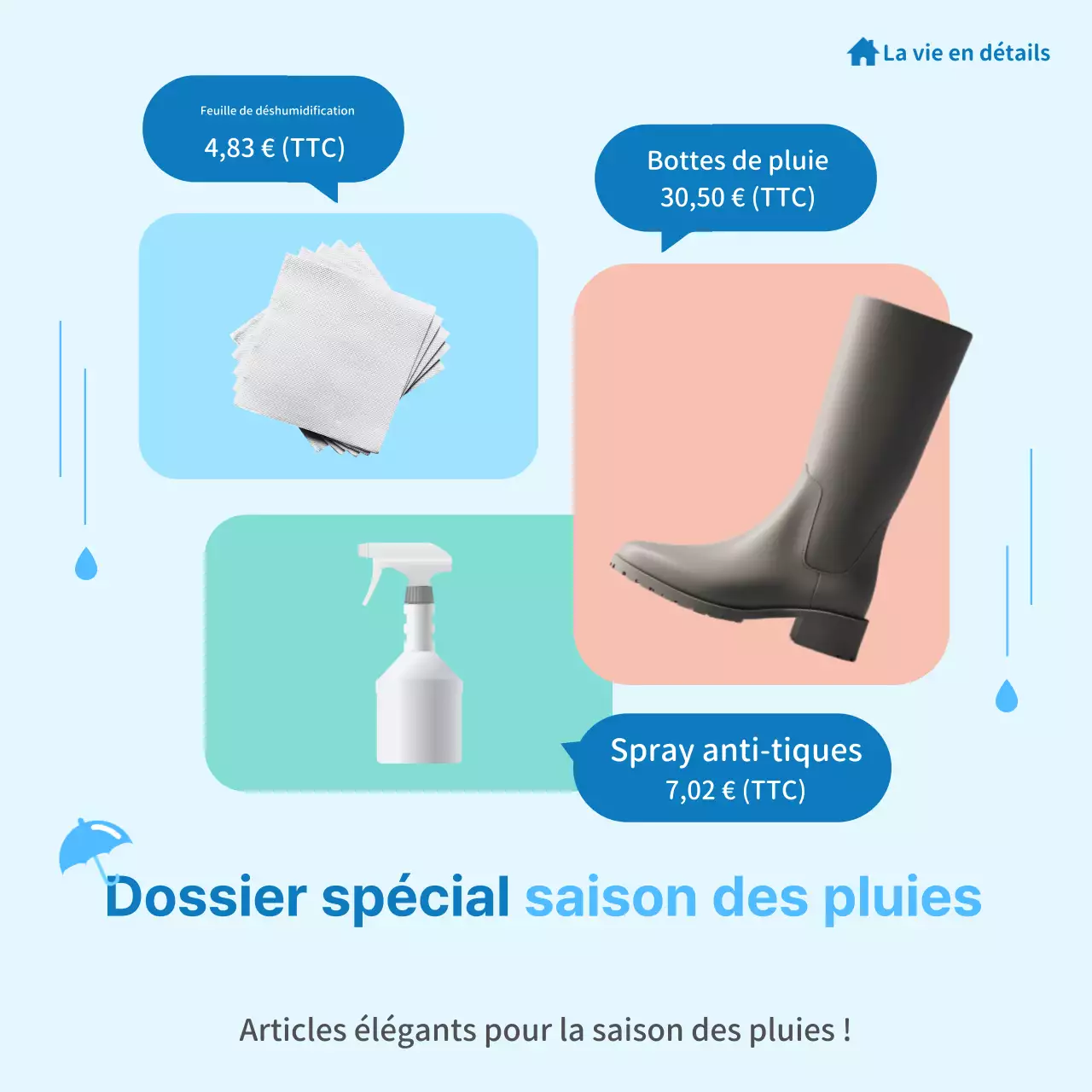 Publicité simple pour un article de saison des pluies bleu clair et bleu foncé.