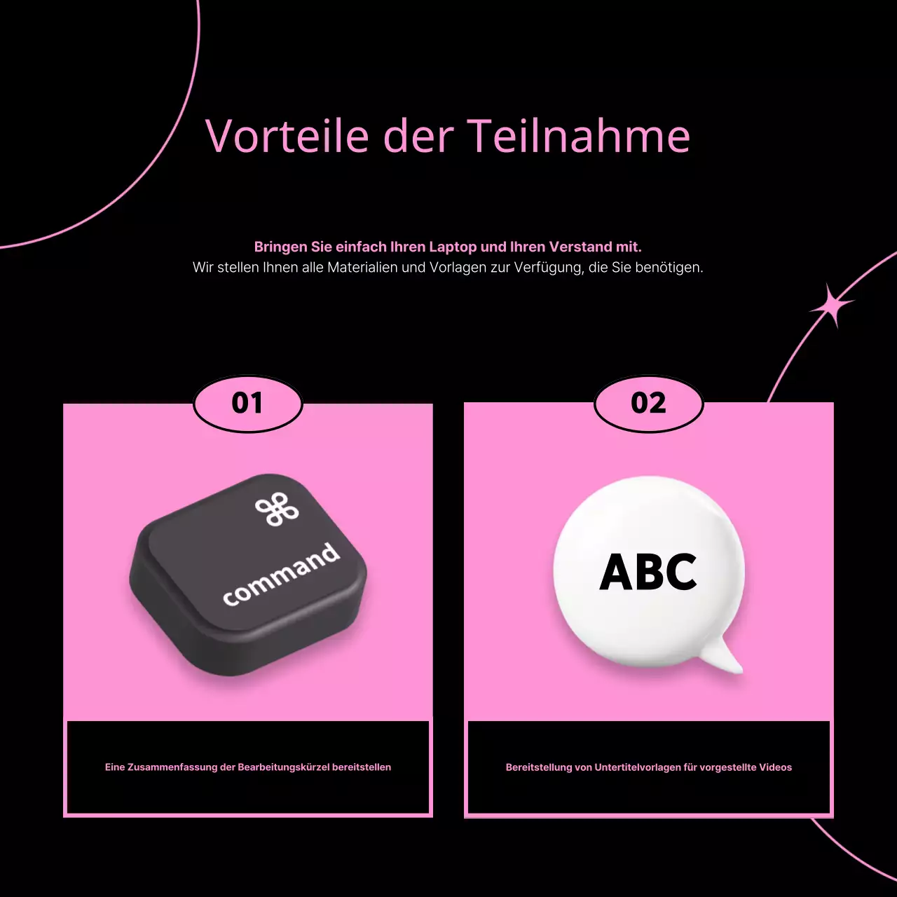 Werbung für einen kitschigen Videoschnittkurs in Pink und Schwarz