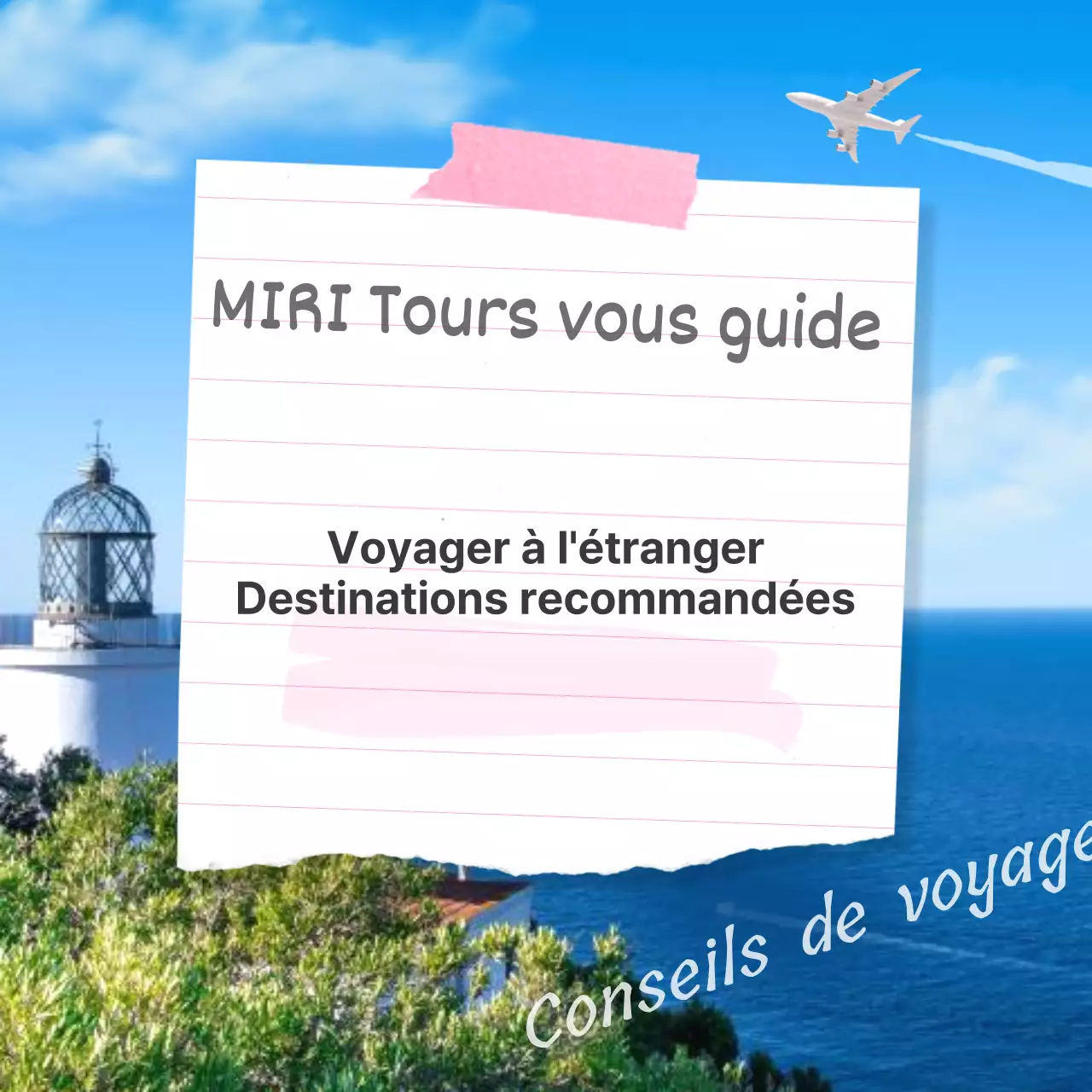 Une publicité simple pour une destination estivale à l'étranger en bleu clair et en rose
