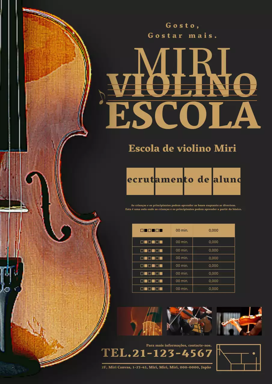 Anúncio clássico e elegante de sala de aula de violino em preto e castanho
