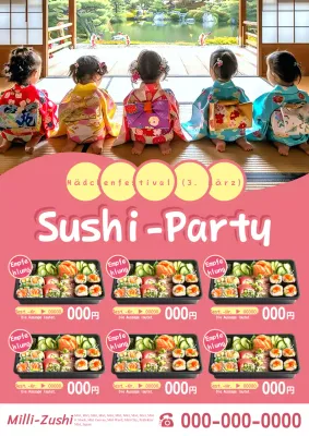 Anzeige für ein süßes rosa Sushi-Party-Bento-Menü für Hinamatsuri.