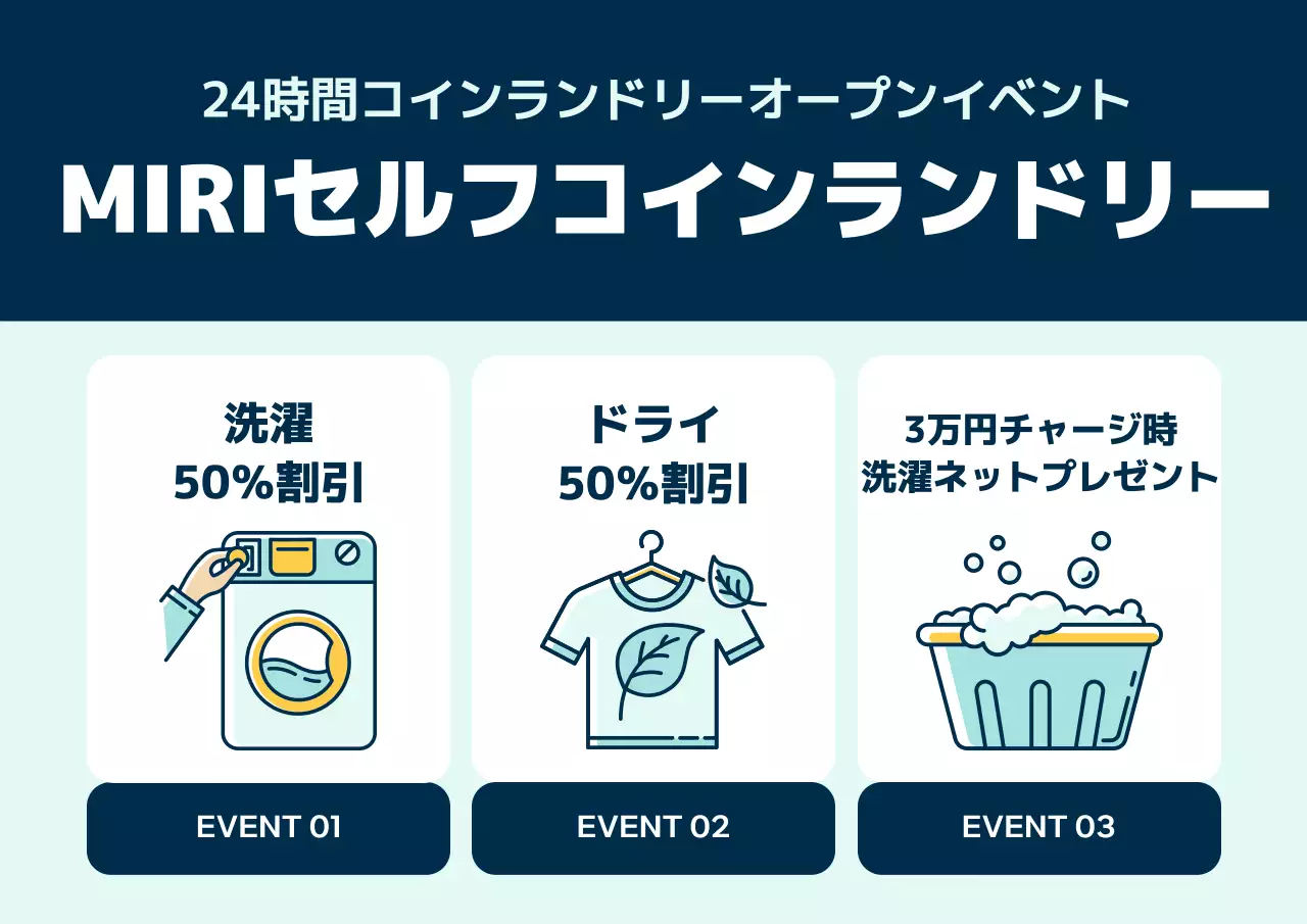 青 シンプル コインランドリー お知らせ ポスター